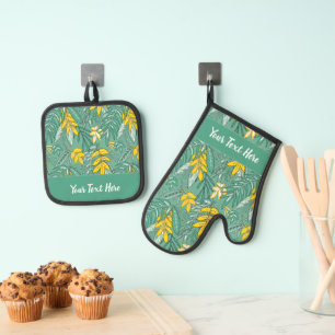 Whimsical Tropical Floral Leaf Print Oven Mitt & Pot Holder Set
