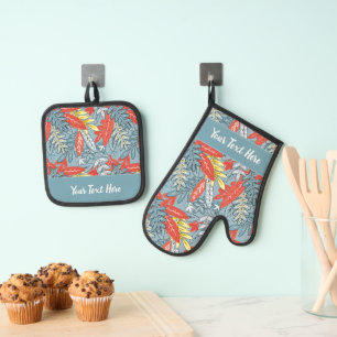 Whimsical Tropical Floral Leaf Print Oven Mitt & Pot Holder Set