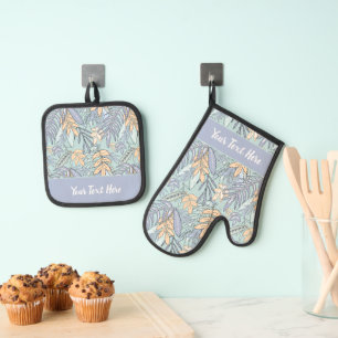Whimsical Tropical Floral Leaf Print Oven Mitt & Pot Holder Set