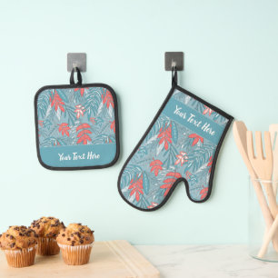 Whimsical Tropical Floral Leaf Print Oven Mitt & Pot Holder Set
