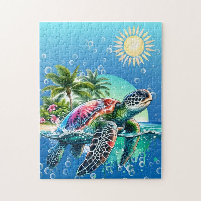 Whimsical Tropical Floral Sea Turtle Jigsaw Puzzle (Vertical)