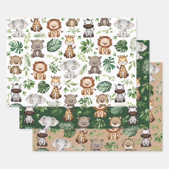 Whimsical Tropical Jungle Safari Wild Animals Wrapping Paper Sheet (Set)