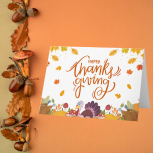 Whimsical Turkey and Autumn Leaves Thanksgiving Card