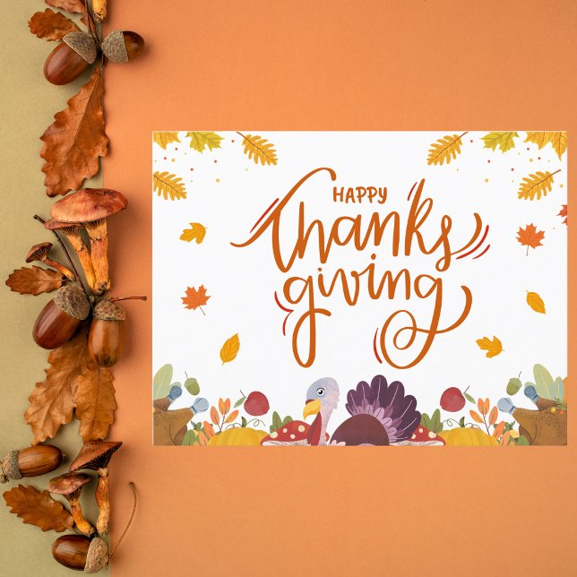 Whimsical Turkey and Autumn Leaves Thanksgiving Holiday Card (Creator Uploaded)