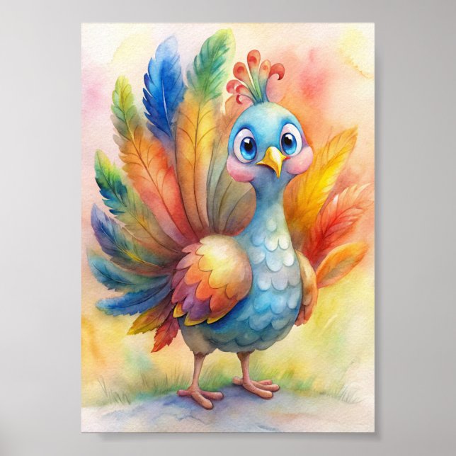 Whimsical Turkey Watercolor,  Nature Illustration Poster (Front)