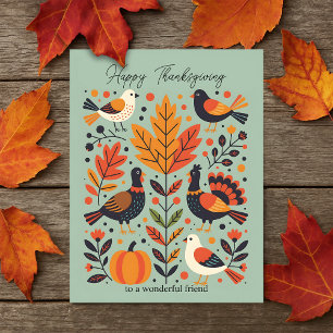 Whimsical Turkeys & Folk Art Leaves Thanksgiving  Holiday Postcard
