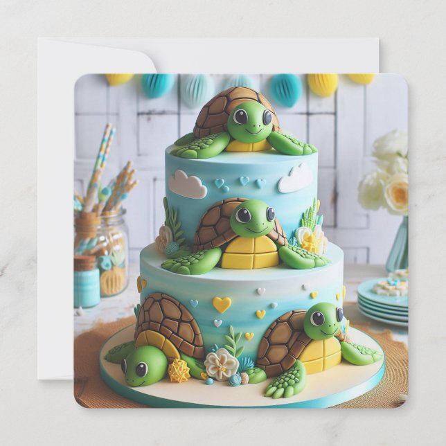 WHIMSICAL TURTLE CAKE BIRTHDAY INVITATION (Front)