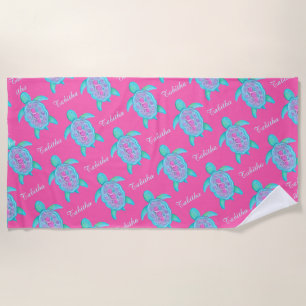 Whimsical turtle heart watercolor name beach towel