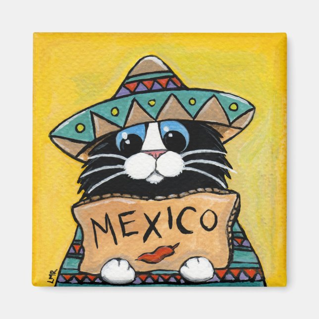 Whimsical Tuxedo Cat Mexican Hitchhiker Magnet (Front)