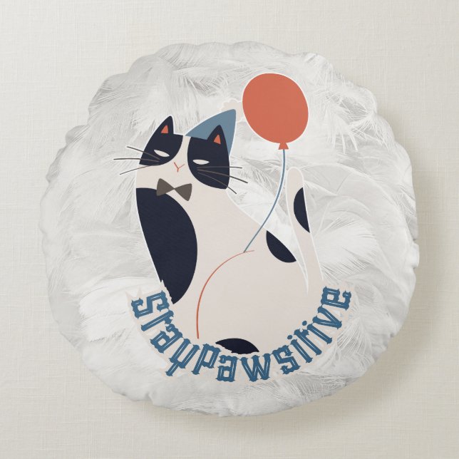Whimsical Tuxedo Cat Stay Pawsitive Round Throw Pi Round Cushion (Front)