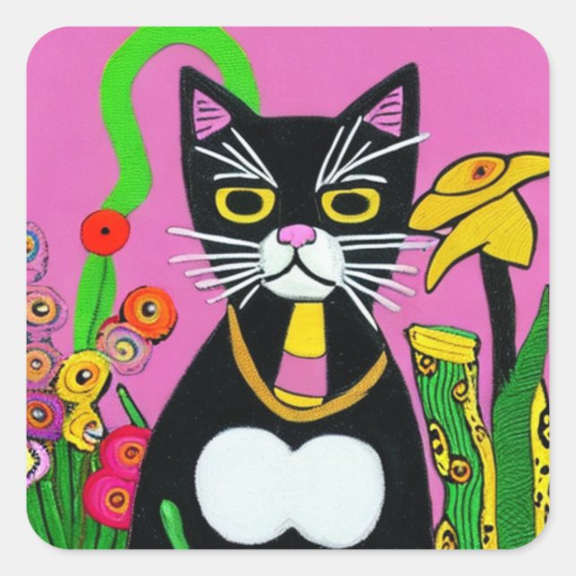 Whimsical Tuxedo Cat with Flower Folk Art Square Sticker (Front)