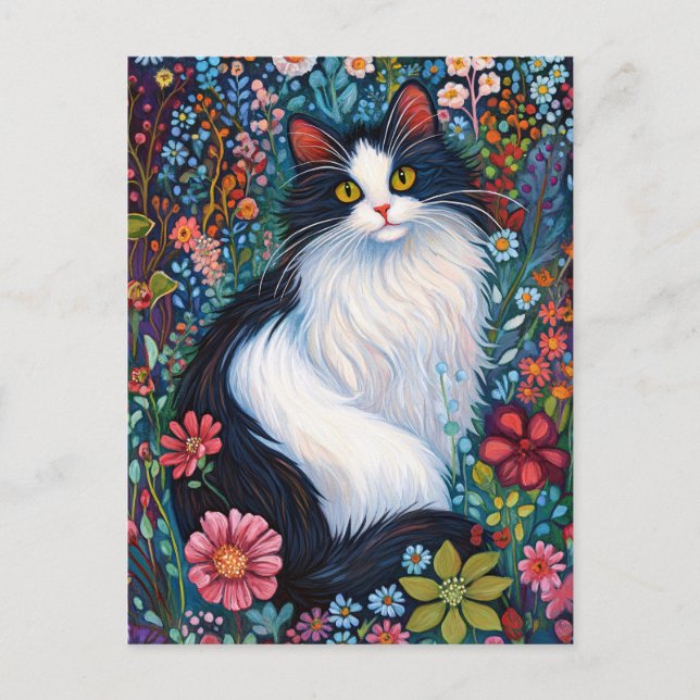 Whimsical Tuxedo Cat with Wildflowers Postcard (Front)