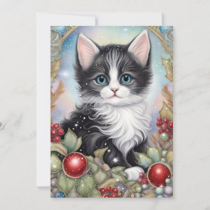 Whimsical Tuxedo Kitten Holly Berries Frame  Holiday Card