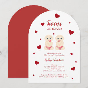 Whimsical Twin Baby Shower Red Hearts LPM26 Invitation