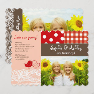 Whimsical Twin Birds Lace Birthday Party Invite