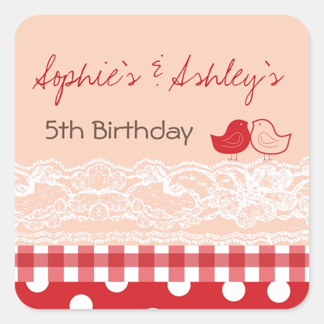 Whimsical Twin Birds Lace Birthday Party Sticker (Front)