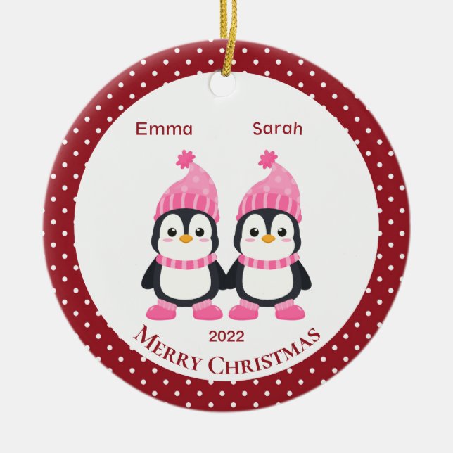 Whimsical Twin Sister Penguins Personalised     Ceramic Tree Decoration (Front)