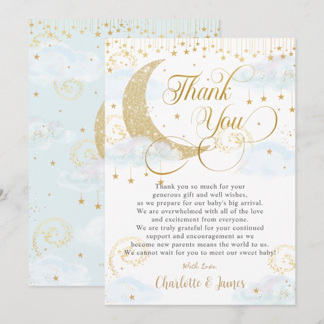 Whimsical Twinkle Little Star Blue Baby Shower  Thank You Card (Front/Back)
