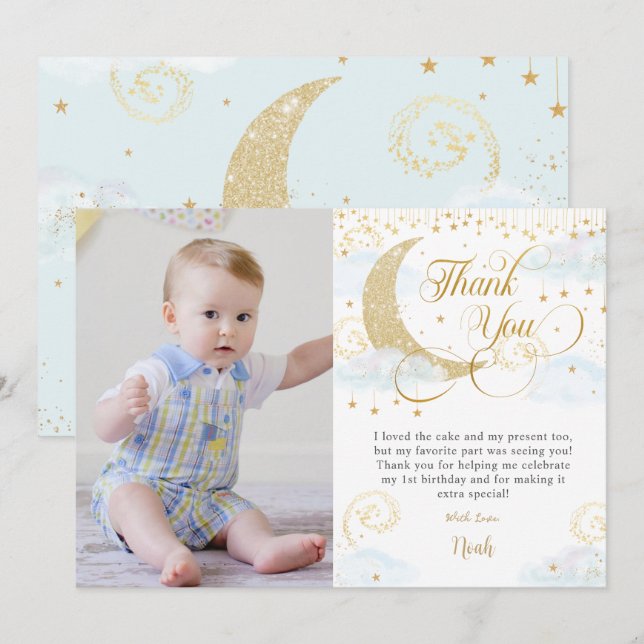 Whimsical Twinkle Little Star Blue Birthday Photo Thank You Card (Front/Back)