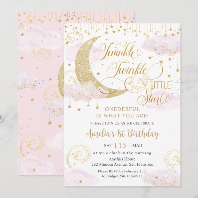 Whimsical Twinkle Little Star Pink 1st Birthday Invitation (Front/Back)