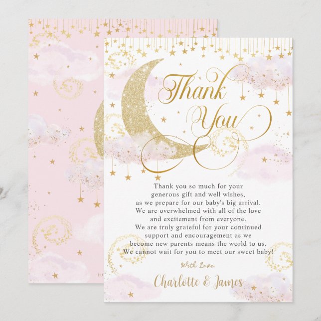 Whimsical Twinkle Little Star Pink Baby Shower  Thank You Card (Front/Back)