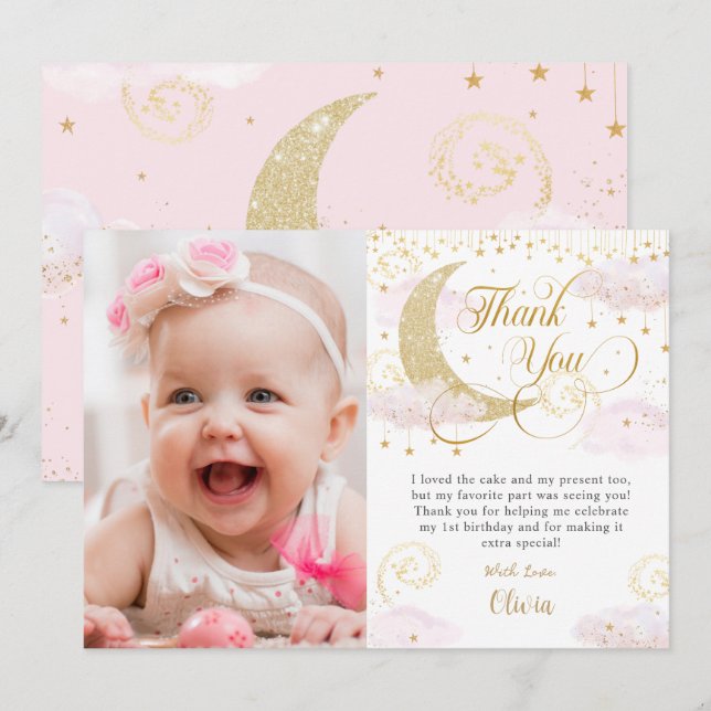 Whimsical Twinkle Little Star Pink Birthday Photo Thank You Card (Front/Back)
