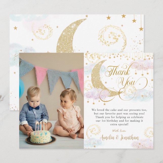 Whimsical Twinkle Little Star Twins Birthday Photo Thank You Card (Front/Back)