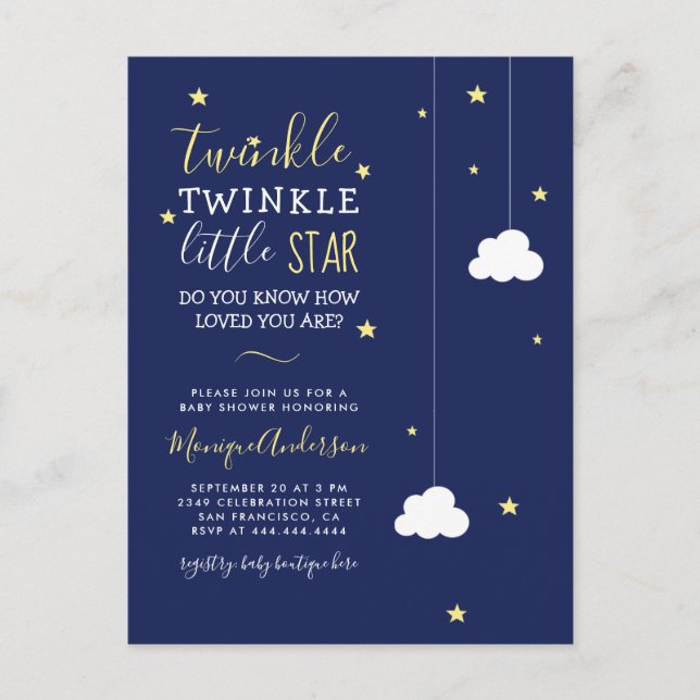 Whimsical Twinkle Twinkle Little Star Baby Shower Invitation Postcard (Front)