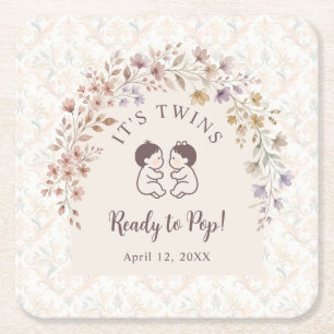 Whimsical Twins Baby Shower Vintage Floral LPM26 Square Paper Coaster
