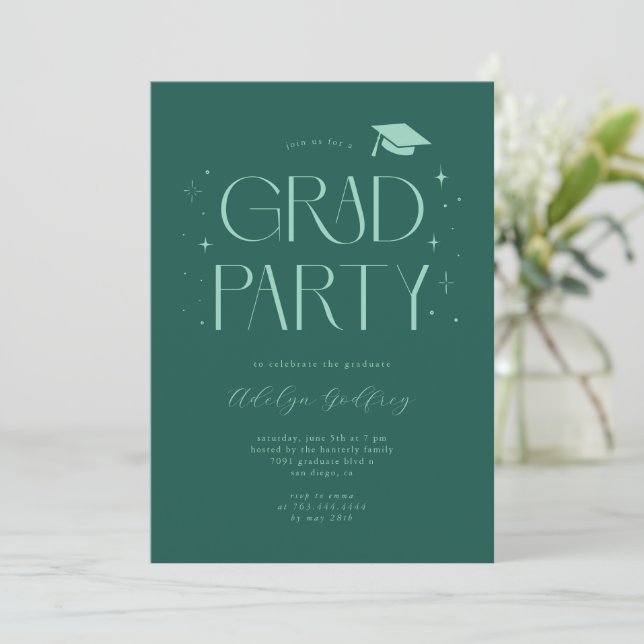 Whimsical Typography Green Graduation Party Invitation (Standing Front)