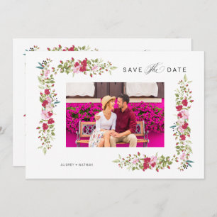 Whimsical Typography Red & Pink Shades Flowers Save The Date