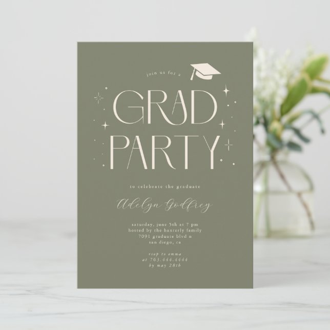 Whimsical Typography Sage Green Graduation Party Invitation (Standing Front)