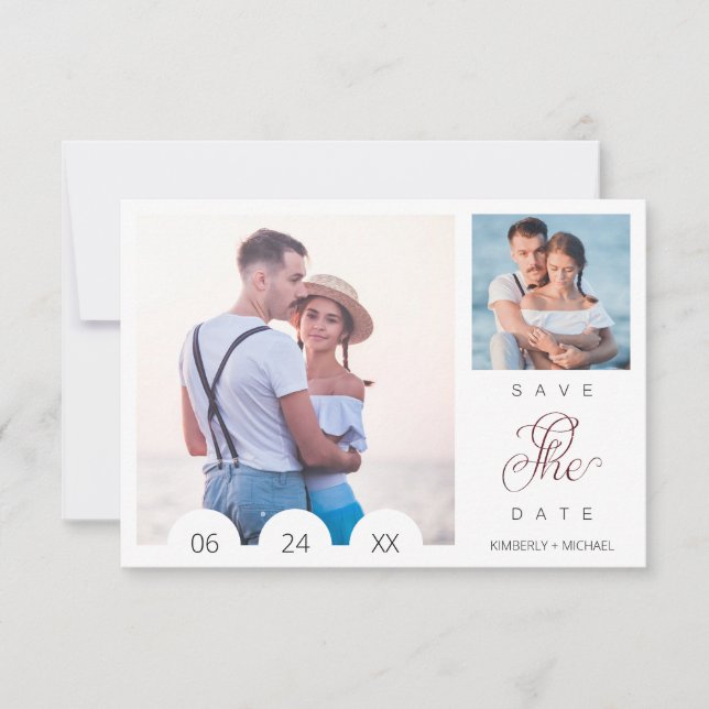 Whimsical Typography Script 2 Photo Engaged Couple Save The Date (Front)