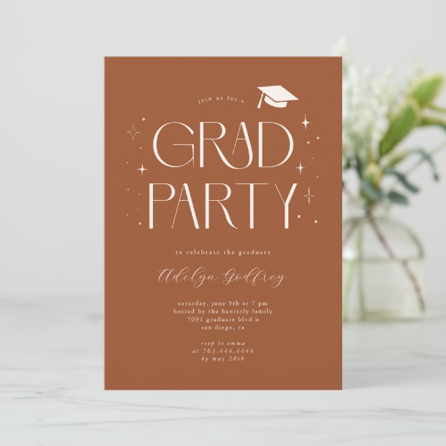 Whimsical Typography Terracotta Graduation Party Invitation (Standing Front)
