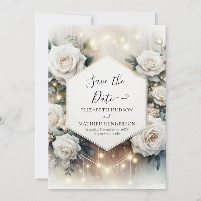 Whimsical Typography White Roses Wedding Save The Date (Front)