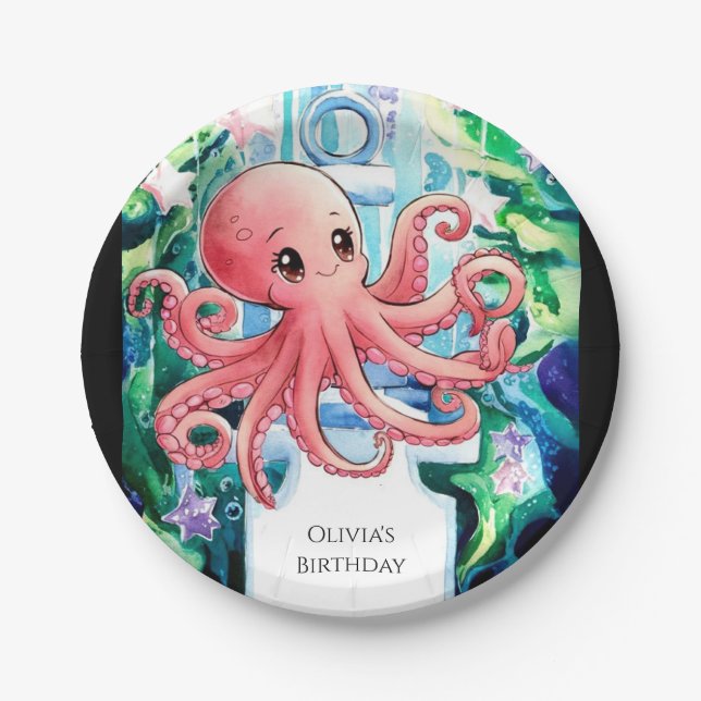 Whimsical Under the Sea Octopus Birthday Paper Plate (Front)