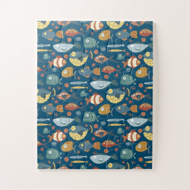 Whimsical Underwater Ocean Fish Blue Sea Pattern Jigsaw Puzzle (Vertical)
