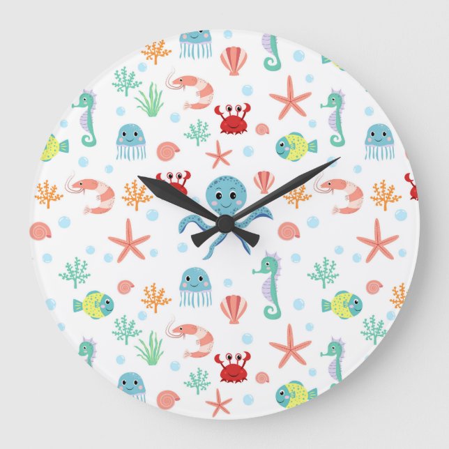 Whimsical Underwater Sea Creatures Large Clock (Front)