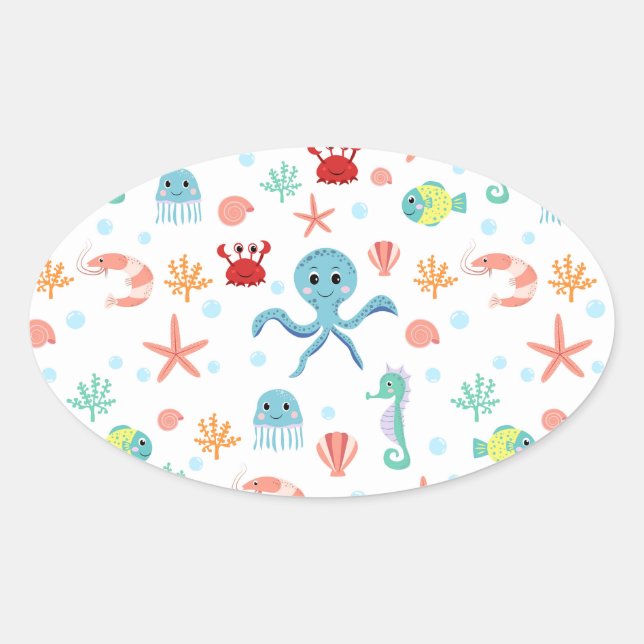 Whimsical Underwater Sea Creatures Oval Sticker (Front)
