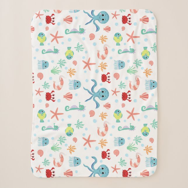 Whimsical Underwater Sea Creatures Sherpa Blanket (Front)