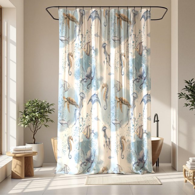 Whimsical Underwater World – Sea Creatures Pattern Shower Curtain (Creator Uploaded)