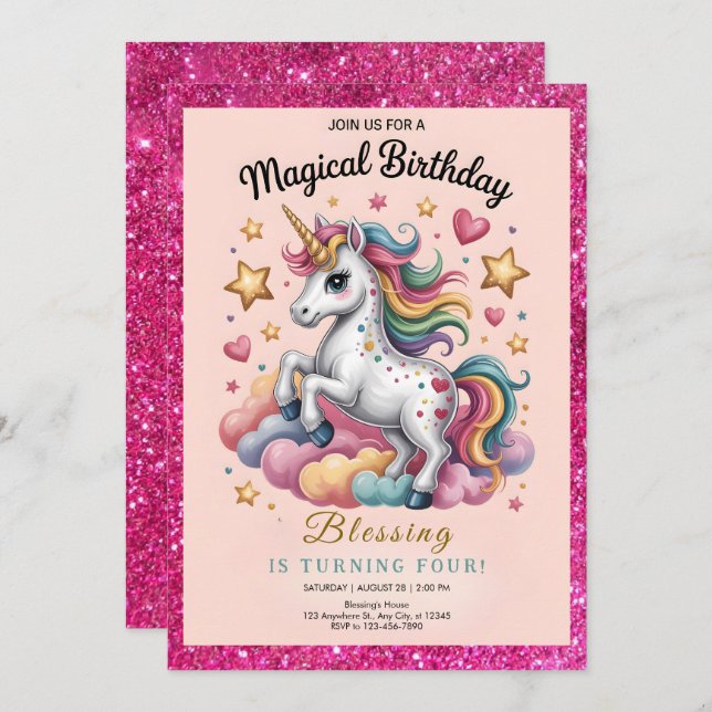 Whimsical Unicorn 4th Birthday Invitation (Front/Back)