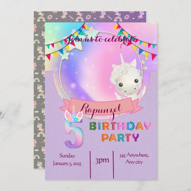 Whimsical Unicorn- 5th Birthday Party Invitation (Front/Back)