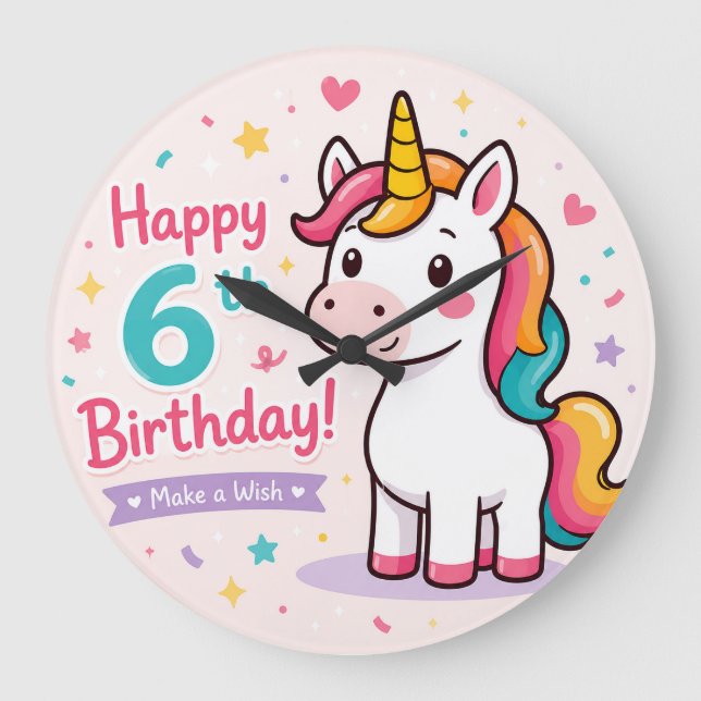Whimsical Unicorn 6th Birthday Magic Large Clock (Front)