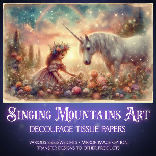 Whimsical Unicorn And Girl Fantasy Art Decoupage Tissue Paper