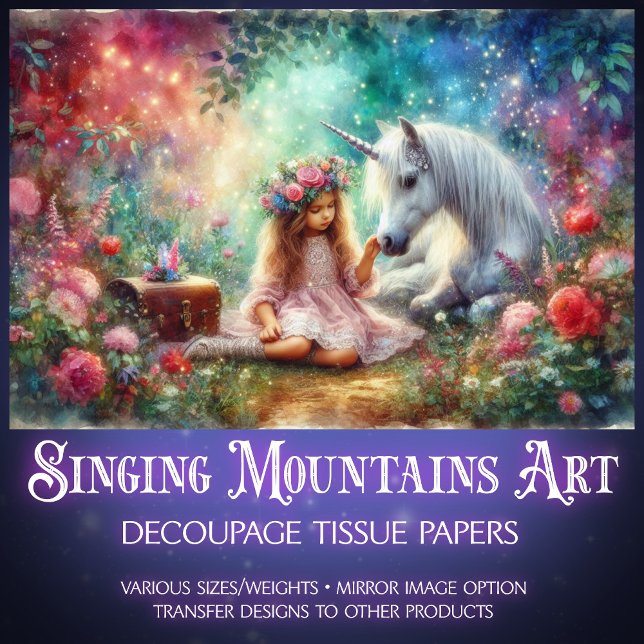 Whimsical Unicorn And Girl In Forest Decoupage Tissue Paper (Creator Uploaded)