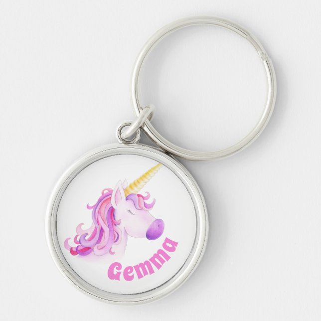 Whimsical unicorn art head personalized pink key ring (Front)