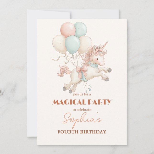 Whimsical Unicorn & Balloons Party Invitation (Front)