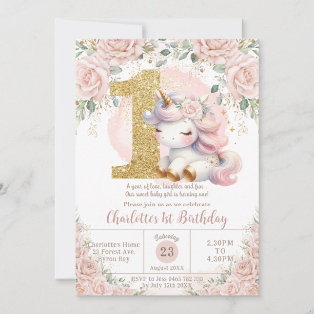 Whimsical Unicorn Blush Pink Floral 1st Birthday Invitation (Front)