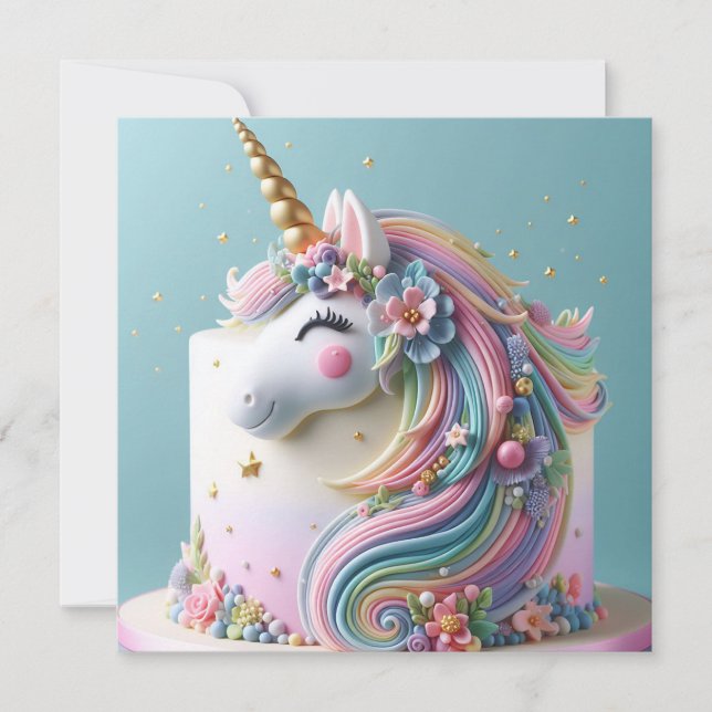 WHIMSICAL UNICORN DECORATED KIDS BIRTHDAY CAKE CARD (Front)